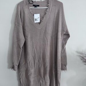 Forever 21 Frayed V-Neck Knit Sweater Dress - Taupe